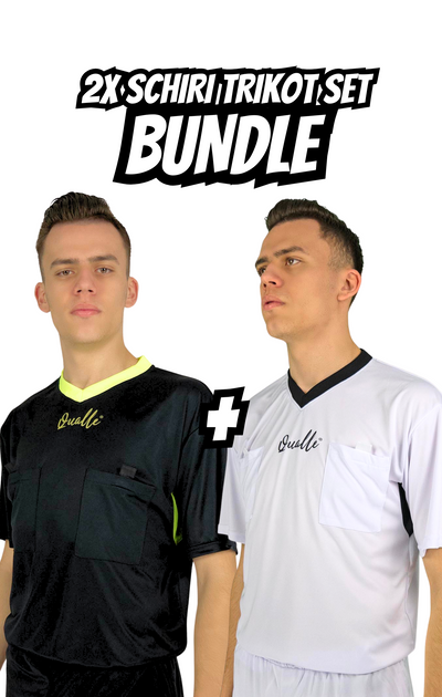 Bundle 2x Qualle Schiedsrichter Trikot-Set (Trikot, Hose, Stutzen) "Schiedsrichter=Mensch" unisex (Kinder, Frauen und Herren) - schwarz gelb und weiß schwarz